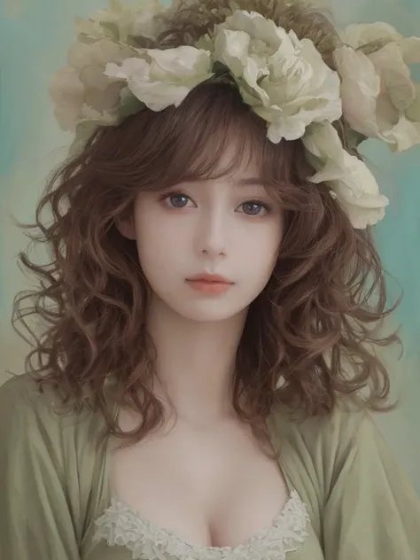 (Highest quality、8k、32K、masterpiece、Oil paints:1.2)、(Realistic)、(High resolution)、(Very detailed、Attention to detail、Rich skin detail)、Very cute face、Big eyes、Natural Makeup、One girl、独奏, Upper Body、Round and small face、perfect female body, large breasts, c...