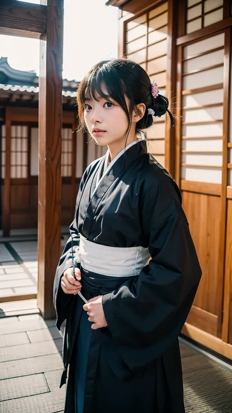 Japanese elementary school girl cosplaying as Okita Souji of the Shinsengumi, sidelong glance, end of Edo period, Kyoto