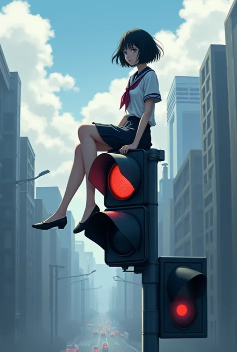 High school girl sitting on a traffic light、Black Hair、Bobcut、Beautiful Face、Japanese、Hair blowing in the wind、Real、Cloudy