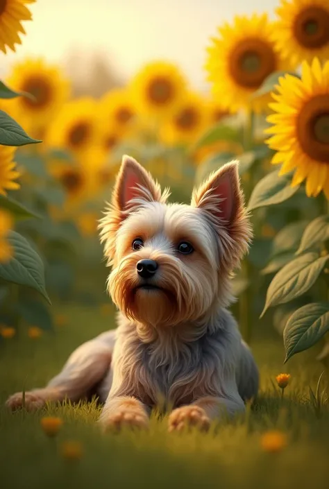 Realistic footage of happy elderly Yorkshire dog resting in a sunflower field