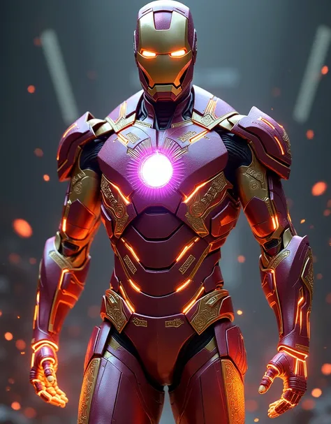 Ironman super hyper realistic carechter sleek elegant armor, radiant metal, intricate detail, celestial infernal asthetics, runes and sigils, central crystal core, pulsing energy, multicolored light, prismatic glow, muscler body