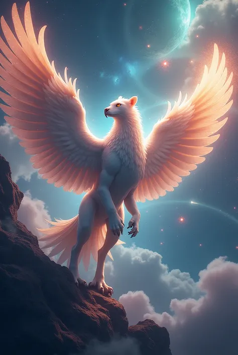 A majestic griffin flying through a cosmic space fantasy scene. The griffin, with the body of a lion and the head and wings of an eagle, has glowing feathers that reflect the light of distant stars. Surrounding it is a backdrop of vibrant nebulas and plane...