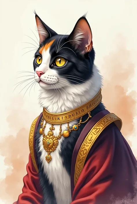 Watercolor painting of a royal striped tricolor cat dressed as a queen, The cat has a gray and black striped spot on its neck and is in profile looking at the front with a gold necklace that says "miyuki"