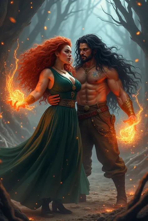 Breen a 2 woman
Fire red hair
Curly hair
Is a witch
Has freckles
Curvy thick body
Chubby body

With a man named Keegan
Strong body 
Long black hair 
Little to no facial hair 
Also had magic powers
