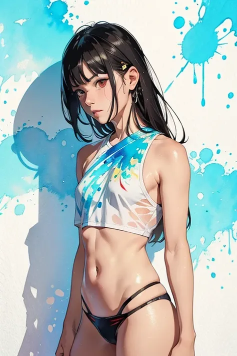 Plumeria painting with splatter background and spray paint effect, By Eugenius Zak, Swimwear, Focusing on the upper body, Watercolor, By Carr Lotz, Watercolor paintsing, Watercolor paintsing style, Watercolorの詳細なアート, By Reuben Tam, Watercolor digital paint...