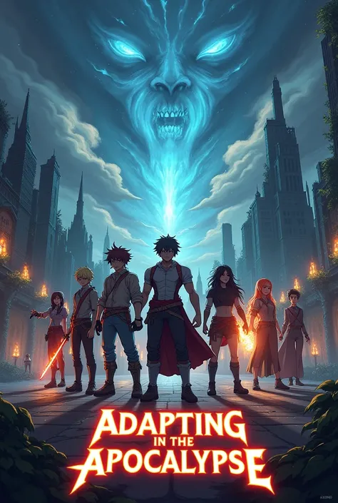 Create a detailed anime-style poster of a group of survivors in a post-apocalyptic world infused with fantasy elements. The backdrop should showcase a desolate, crumbling city overtaken by nature, with towering trees, vines, and glowing mystical ruins. The...