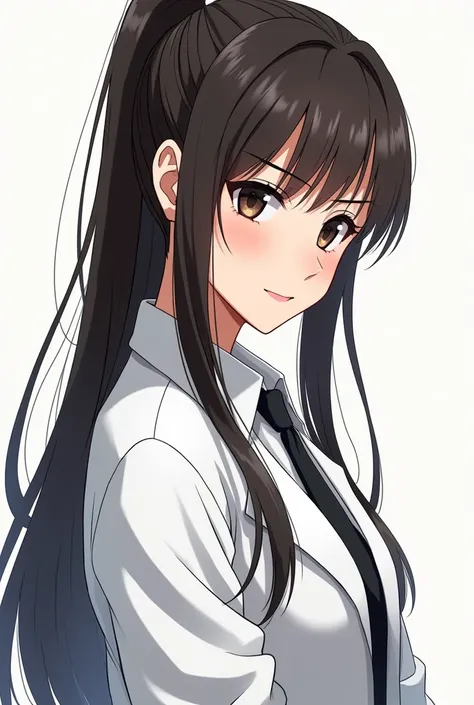 A brunette girl with long straight hair tied up without hair on her forehead, Latin features and wearing a lab coat, smiling and in black and white. Anime version 
