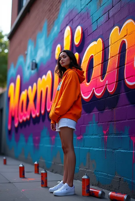 "A vibrant street art scene with a lady beautiful in an orange hoodie and white shorts, holding a spray can, facing a large brick wall. The wall features the word MAXMILLIAN in bold, dripping, 3D graffiti letters with a neon gradient effect ranging from de...