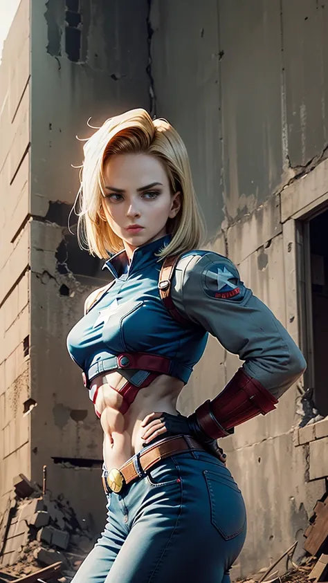 android 18 female version of captain america background mechanical ruins, segurando o escudo do captain america