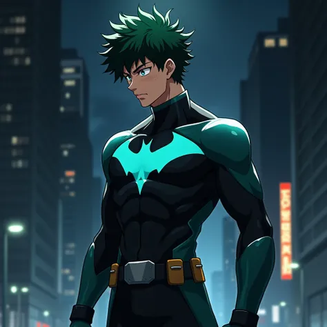 "A 1 Izuku Midoriya dressed in a sleek Nightwing suit. He has a lean and athletic build, with well-defined muscles but not overly muscular. His suit is a form-fitting black with the iconic blue emblem across the chest, and he stands confidently, exuding a ...