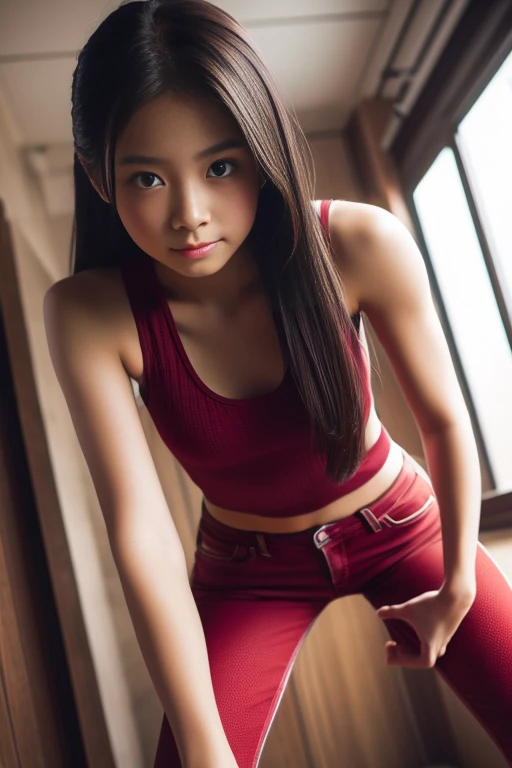 Gaze, High resolution, masterpiece, Highest quality, High detail, Textured skin, Long Hair, Blushing, Red eyes, Drooling, Tank top、Tight red pants、Angle from below、whole body