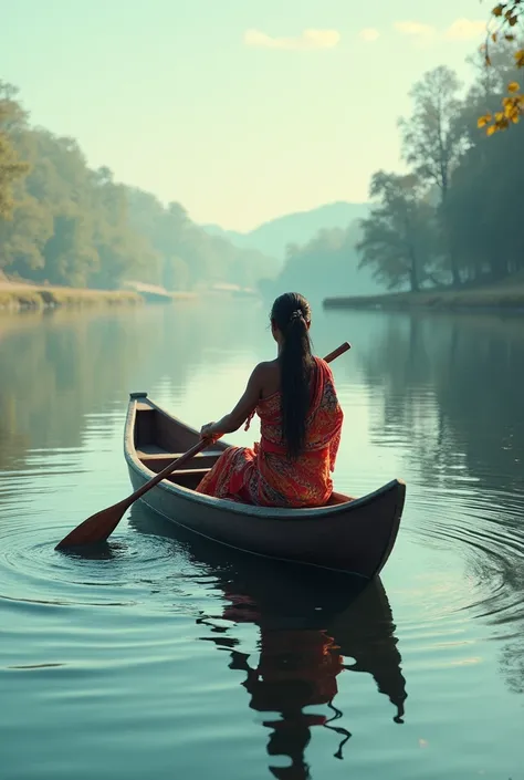 A tribal lady paddles gracefully across the serene lake, her silhouette reflecting the rich cultural heritage of her people. The water around her is calm, mirroring the vibrant colors of the traditional garments she wears. As she moves, the gentle ripple o...