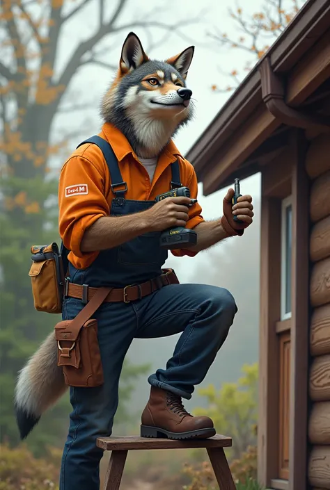 Strong and friendly wolf in work clothes , installing gutters ,  with their tools, drill installing a screw into the gutter ,JM logo on the shirt