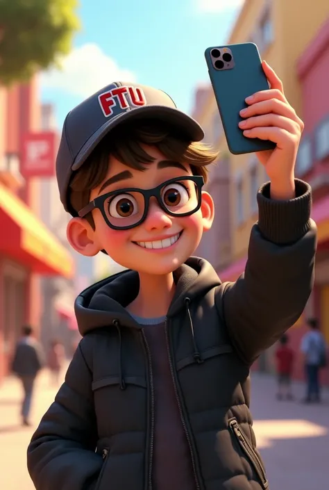 A PIXAR-STYLE TEENAGER TAKING A SELFIE WITH A CAP THAT SAYS FTU AND A BLACK JACKET WITH GLASSES