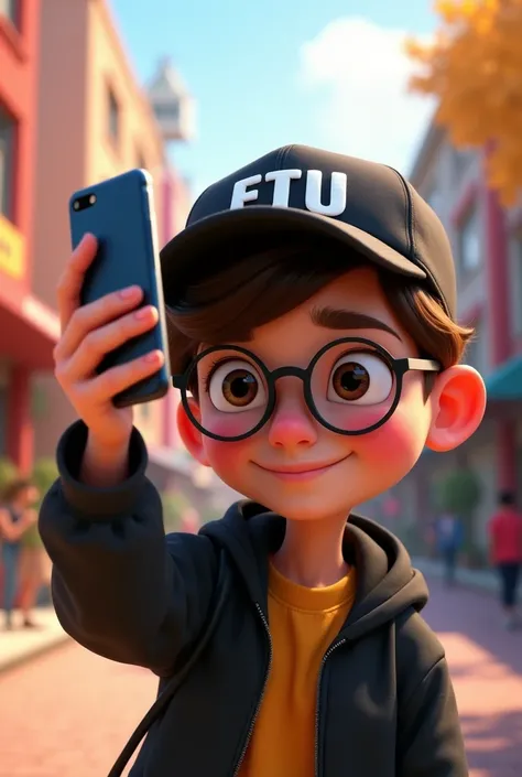 A PIXAR-STYLE TEENAGER TAKING A SELFIE WITH A CAP THAT SAYS FTU AND A BLACK JACKET WITH GLASSES