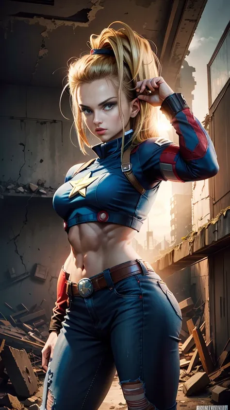 android 18 female version of captain america background mechanical ruins, segurando o escudo do captain america