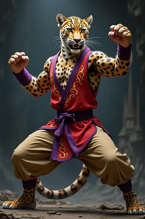 A African leopard. Wearing a Red sleeveless top with purple trim and golden flame-like embroidery, tan pants, purple belt, wrist wrappings. Doing a kung-fu pose.  