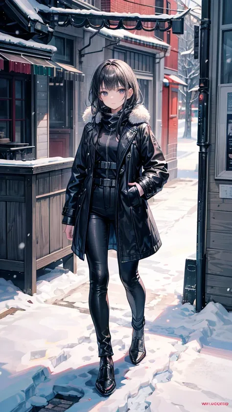 ((True best masterpiece, Ultimately perfect quality, Extremely delicate details)), A girl with a leather long coat, Weating a pants, Snowy, Winter, Full body