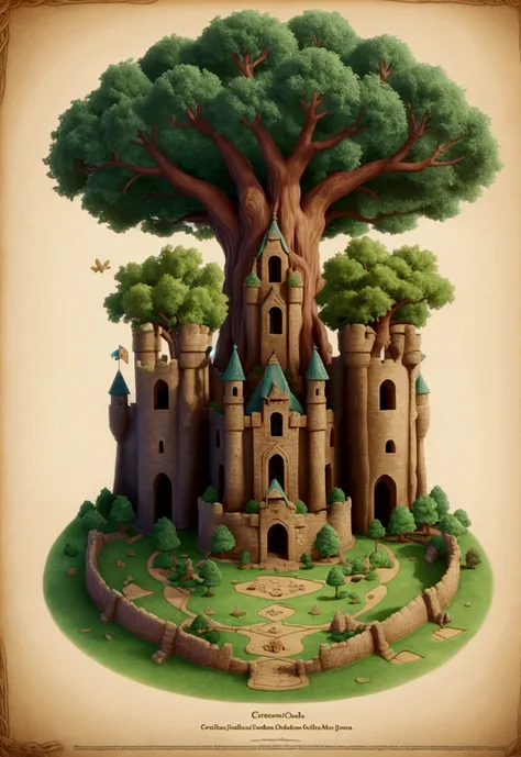 One day, while exploring the magical gardens of the castle, they found an ancient map hidden under a large golden oak tree. This map led to a mysterious place called the "Castle of the Enchanted Travelers." crea el mapa