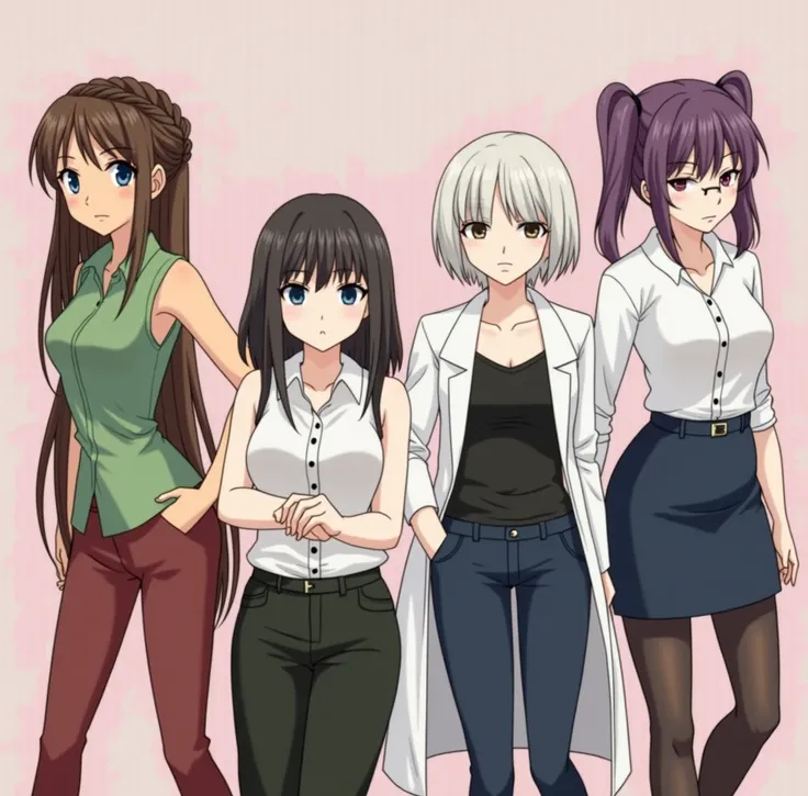 Four cute sexy adult teachers one with long brown hair with a braid another with short dark brown hair another with short white hair with a serious expression And finally a girl with long purple hair with two pigtails