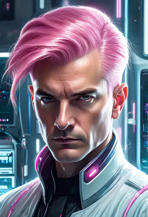 Illustration-style portrait of a white man with straight pink hair, Without beard. Stern look, challenging. He is the director of a hospital in a futuristic science fiction world..