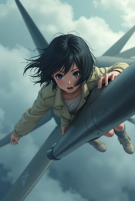 A high school girl clings to the wing of a fighter jet in flight、Black Hair、Bobcut、Beautiful Face、Japanese、Disheveled Hair、Real、Cloudy