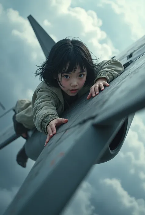 A high school girl clings to the wing of a fighter jet in flight、Black Hair、Bobcut、Beautiful Face、Japanese、Disheveled Hair、Real、Cloudy