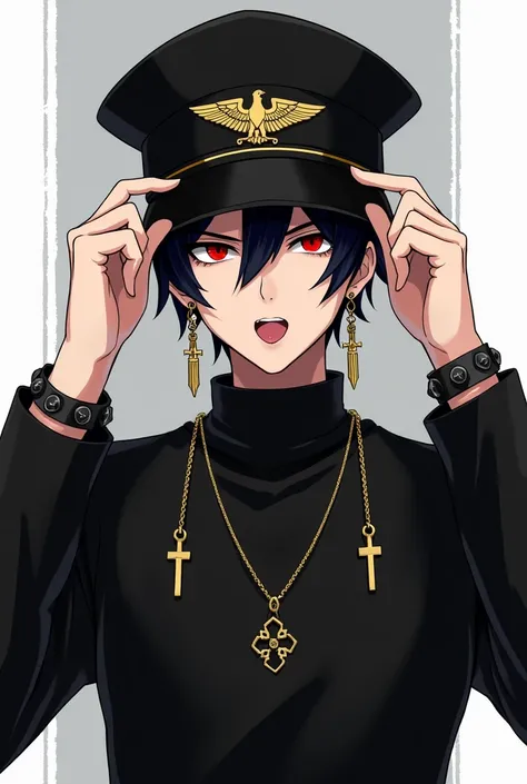 Male character black hair black shirt with long sleeves with a cross shaped chain cross shaped earrings on his ears black sailor hat that has an eagle on the front with and is sticking out his tongue Omega red eyes with spiked bracelets that is holding his...