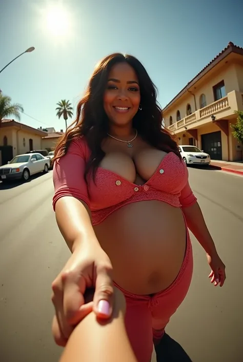 Pov fisheye camera view of Cardi B&#39;s fat and curvy pregnant mother holding your hand while on the street in Santa Clara, California with a sunny atmosphere. Hd 14K, cinematic, Photorealistic, fisheye camera view, iphone camera style, highly shapering, ...