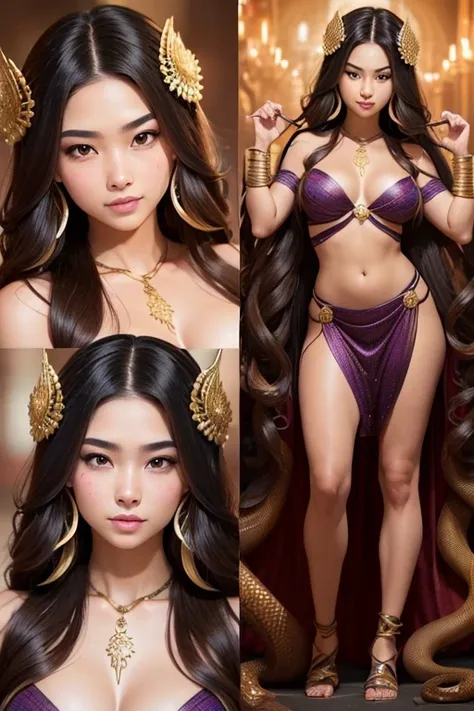 
A young 15- yr Medusas girl with Asian face features, charming face, perfect fullbody details, having large many snake pet, with a snake skin, body and hairs, (wavy hairstyles brown king cobra colors), ( having a dark skin tone texture masterpiece ), ( wi...