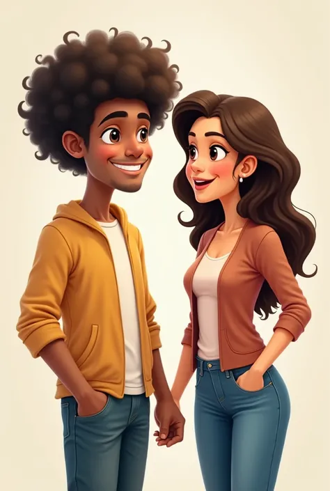 Two young people around , a man and a woman, the man being taller and with very curly hair, both dressed in clothes, and the woman with straight hair. that the Latin men are a little whiter than the women, that the man is without a beard, like in cartoons