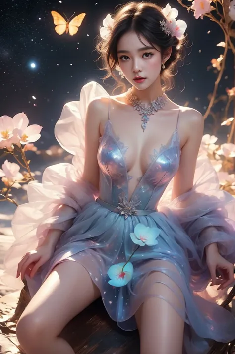 bioluminescent dress
butterfly dress（Quality Improvement：1.4），1 Girl, Full breasts，Visible cleavage，Sexy long legs，The skirt is very short，She gently lifted her skirt with one hand,Surrounded by white Phalaenopsis orchids，Lilac dendrobium、White Lily, Flyin...