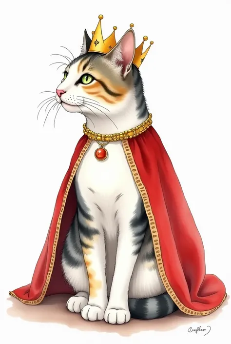 Watercolor painting of a tricolor striped cat in white, gray, yellow and black colors dressed as a queen, With a crown and a red cape, the cat has a round spot in front of her neck, striped gray and black, near her collar, she has one paw stained gray and ...