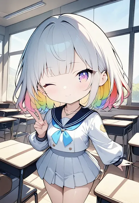 (((anime))) a woman winking peace sign,chibi,short hair,messy short bob,(rainbow hair),oblique bangs,one eye is hidden,blushing,...