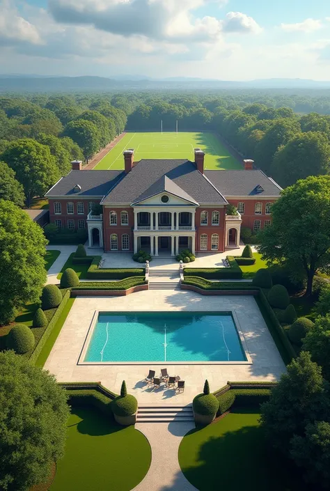 The house on the outside is a big house, in the back part of the house it has a soccer field, a semi-Olympic pool, inside the house it has 5 bedrooms, 6 bathrooms, 2 living rooms, a kitchen, and a dining room.
