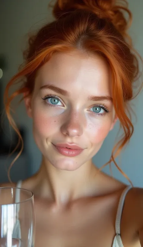 raw photo in UHD RAW format, (taking selfies), (straight half of the torso: 1,0). A 20 year old girl with a bun, natural red hair and blue eyes, parted lips. [ glass in hand] [ hyper-realistic texture ], [ hyper-realistic skin texture ], good lighting. fin...