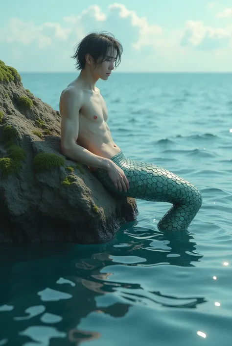 man, delicate face, mermaid body, anatomically correct, lying on a rock in the sea, anime type.