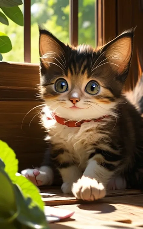 cute、Kitten playing innocently、Depicting a lovely and soothing scene、 A slight smile