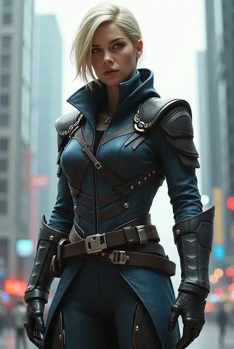 Make me a buff blonde blue eyed assassins Creed character, that has a modern style assassins outfit