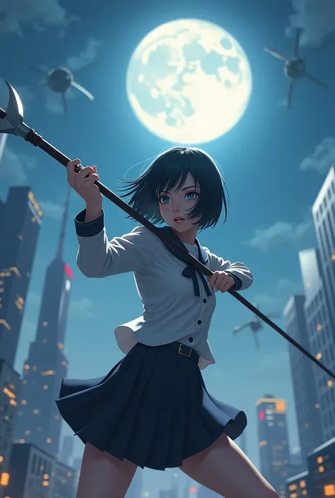 A high school girl throws a spear at the moon、Black Hair、Bobcut、Dynamic pose、Real、metropolis