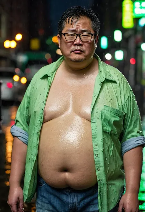 Man, Asian, 50 years old, Fat, Chubby, wearing glasses, wearing light green an unbuttoned shirt, Shirtless, wear jeans, on street, New York City, Wet, Stained, Raining, night time, looking sad, sharp image, beautiful lighting.