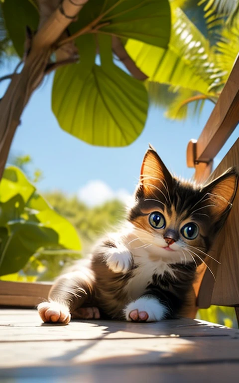 cute、Kitten playing innocently、Depicting a lovely and soothing scene、 A slight smile