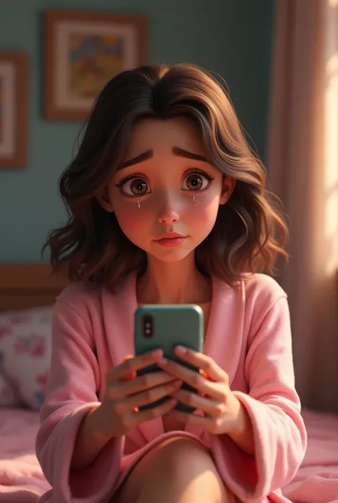 Pixar image of a woman with wavy brown hair and dark brown eyes in her room in her pink robe recording herself with her cell phone crying 