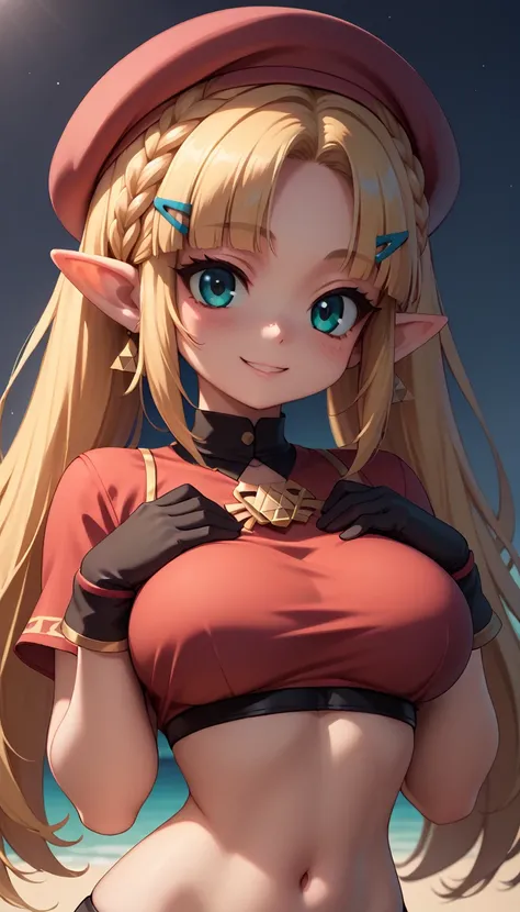 High resolution, Very detailed, perfect lighting, beautiful detailed eyes, ((masterpiece,Best Quality)), absurdities, alone, princess zelda, by the width, crown braid, Hair clip, pointy ears, Gloves without fingers, black gloves, smile, curves, nod, , deep...