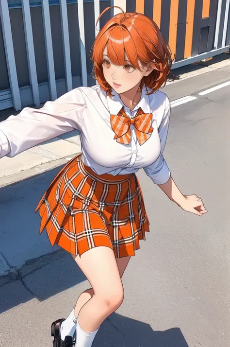 1girl, solo, bangs, skirt, shirt, bow, holding, brown eyes, jewelry, school uniform, white shirt, ahoge, pleated skirt, outdoors, parted lips, shoes, socks, bowtie, medium hair, necklace, black footwear, orange hair, red bow, orange eyes, plaid, leaning fo...