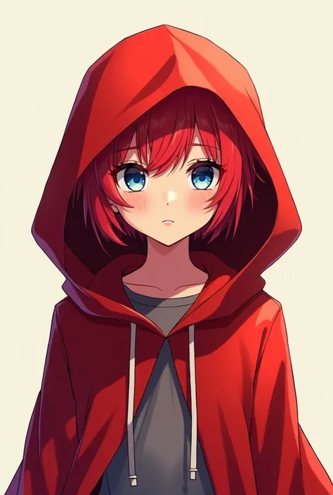 Boy with red hood red hair and blue eyes anime