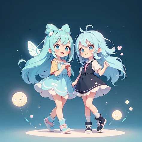 2 people、Happy atmosphere，Cute Style，Cute cartoon，round background，masterpiece　Fairy with long light blue hair　Black-haired college student　Cute Characters　 Anime Style　The whole body is visible　charm　High resolution　delicate　
