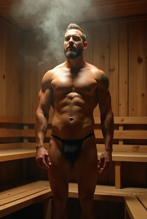 Man naked in the sauna with his biggest dick