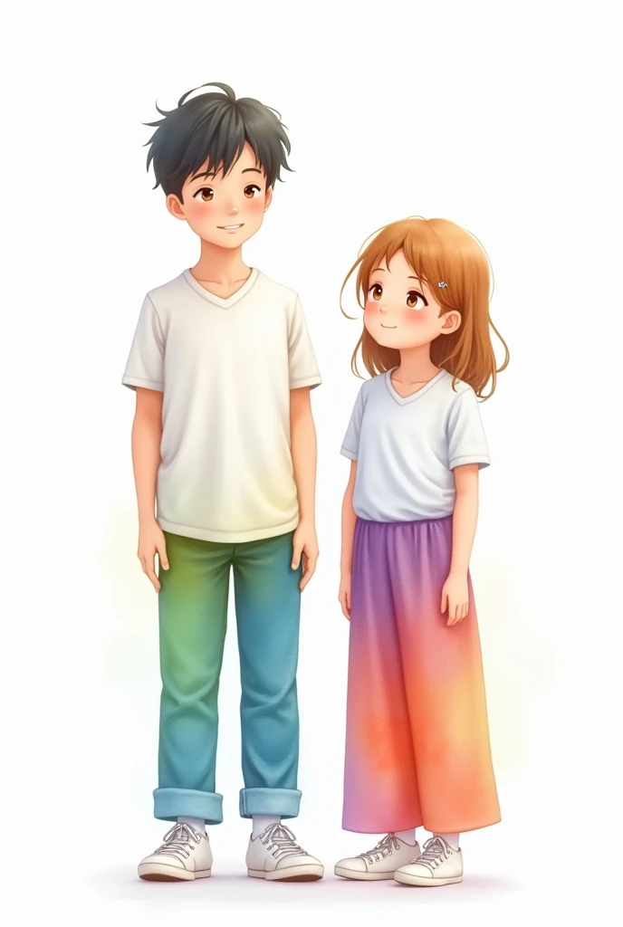  boy and girl facing front on white background wearing school uniform where the pants are long down to the ankles and blue, green, yellow, purple and red in watercolor with soft transitions between them and the white v-neck t-shirt, white tennis shoes, wit...