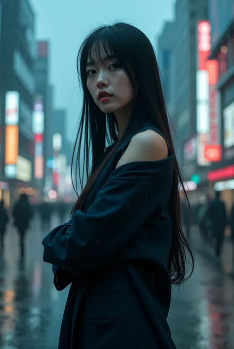 Best quality, masterpiece, ultra high res, (photorealistic:1.4), raw photo, korean girl, haerin newjeans, cinematic lighting, ((single bare shoulder)), ((dark blue blazer)), long straight hair, ((bangs)), trousers, crossed arms, shibuya crossing, dark clou...